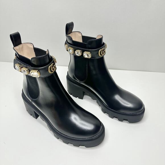 Gucci Magnum 37/US 7 Chelsea Ankle Boots Black Leather Crystal Belt Bootie NIB - Picture 4 of 13